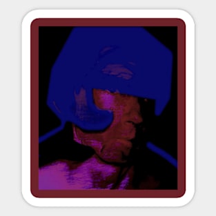 Digital collage, special processing. Strong guy in helmet. Protection, durable. Blue, red and violet. Sticker